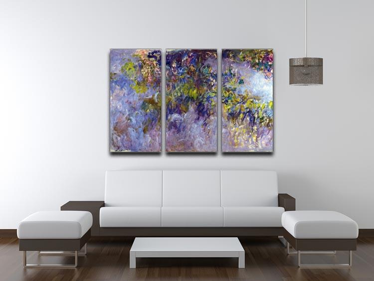 Wisteria 1 by Monet split panel canvas print featuring vibrant wisteria flowers in three panels, perfect for home decor.