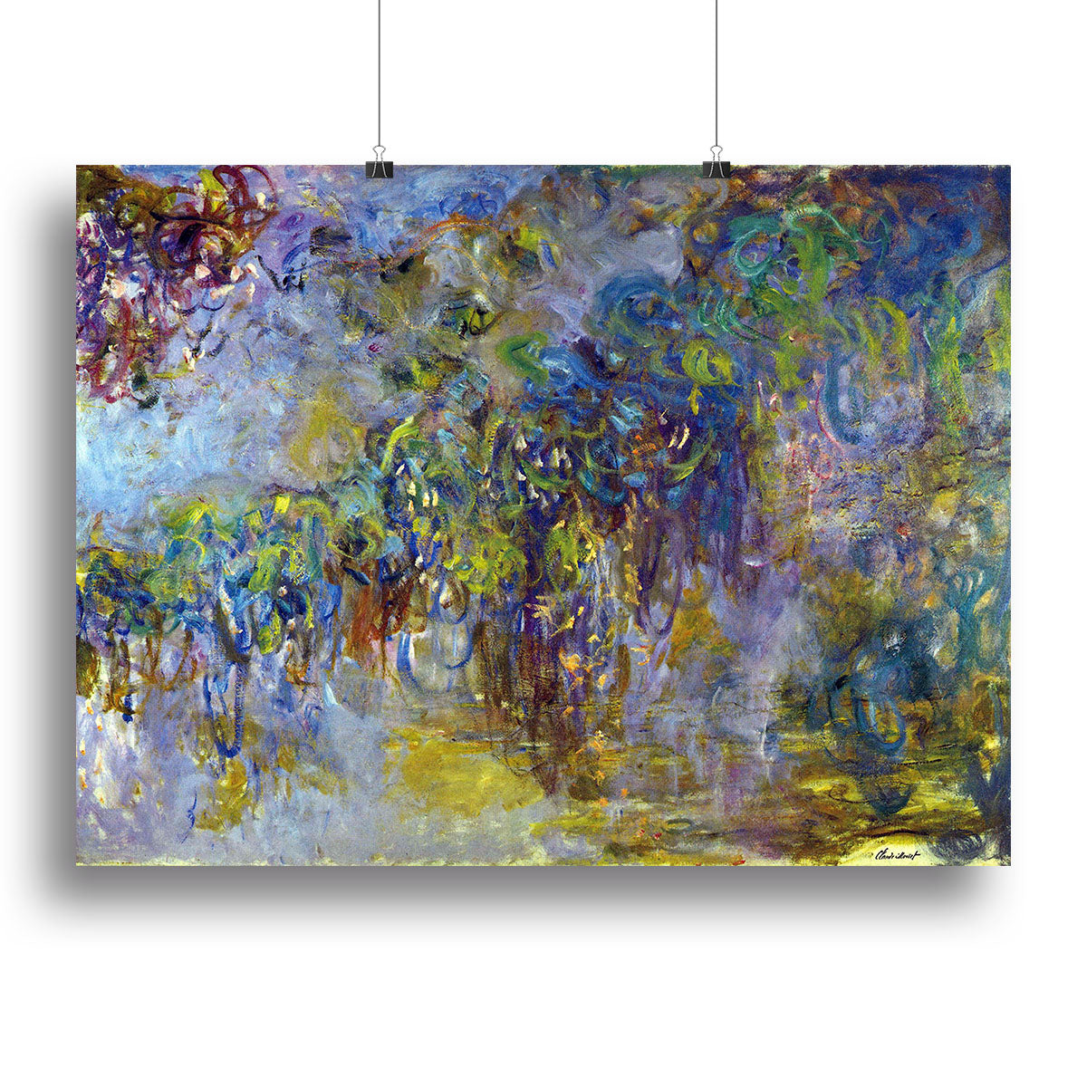 Wisteria 2 by Monet canvas print featuring vibrant purple flowers and lush greenery, elegantly framed for display.