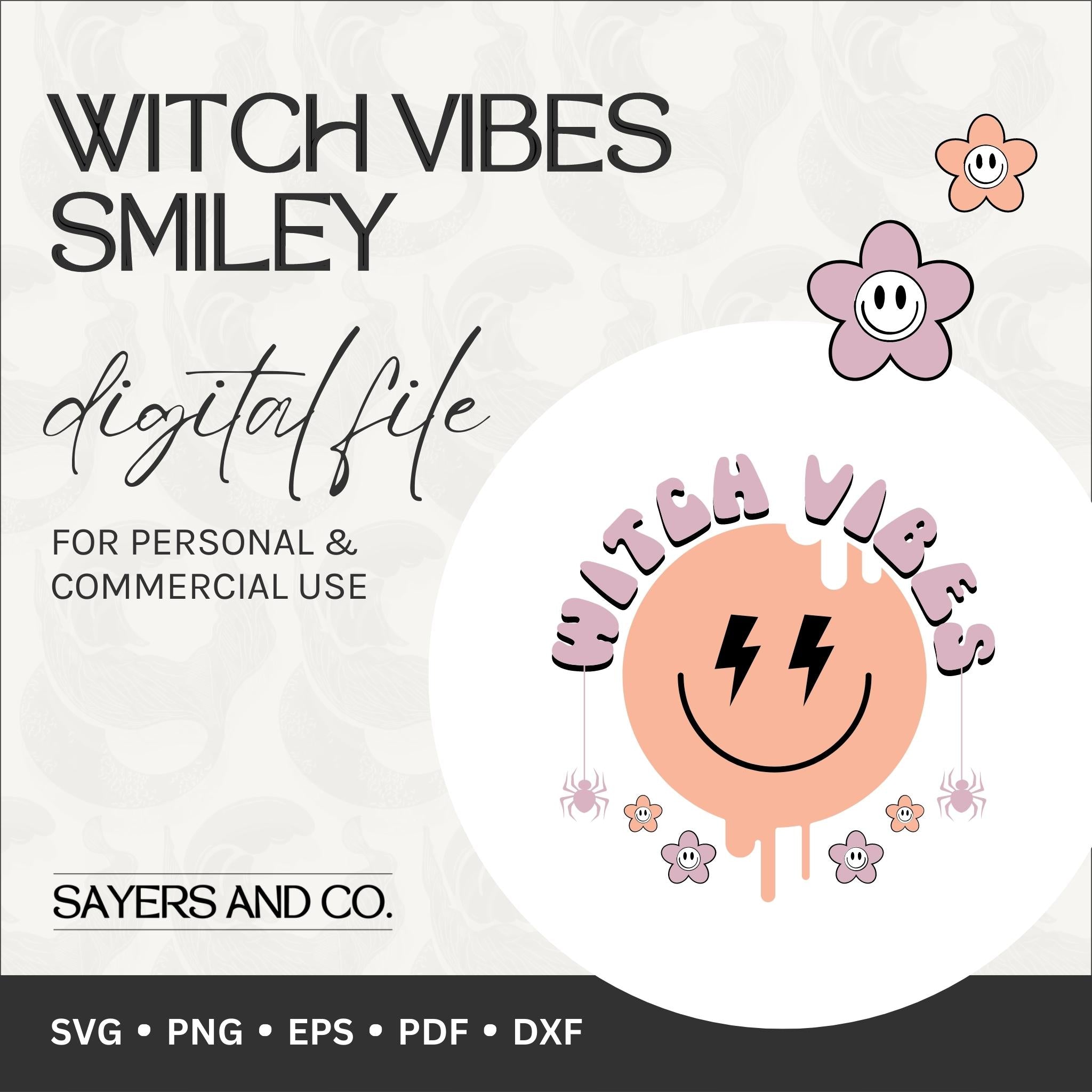 Witch Vibes Smiley digital files in SVG, PNG, EPS, PDF, and DXF formats, perfect for Halloween-themed projects.