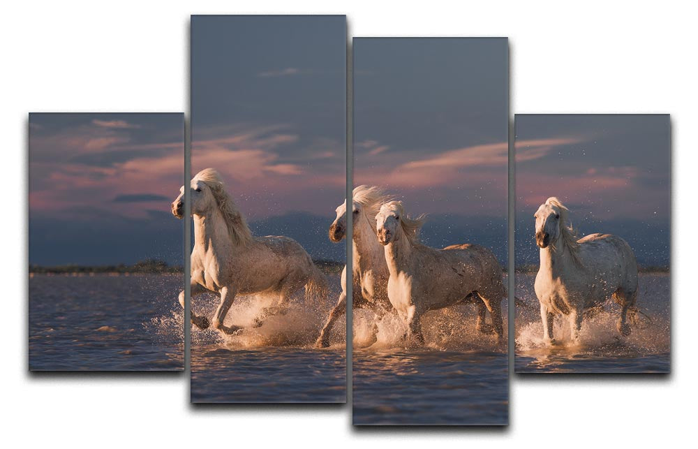 A stunning 4-split canvas artwork featuring white horses running through water, creating a dynamic and elegant visual display.