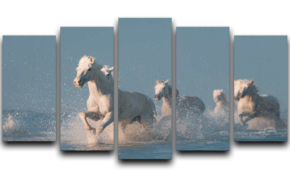 A beautiful 5-split panel canvas artwork depicting white horses running through water, creating a dynamic and serene scene.