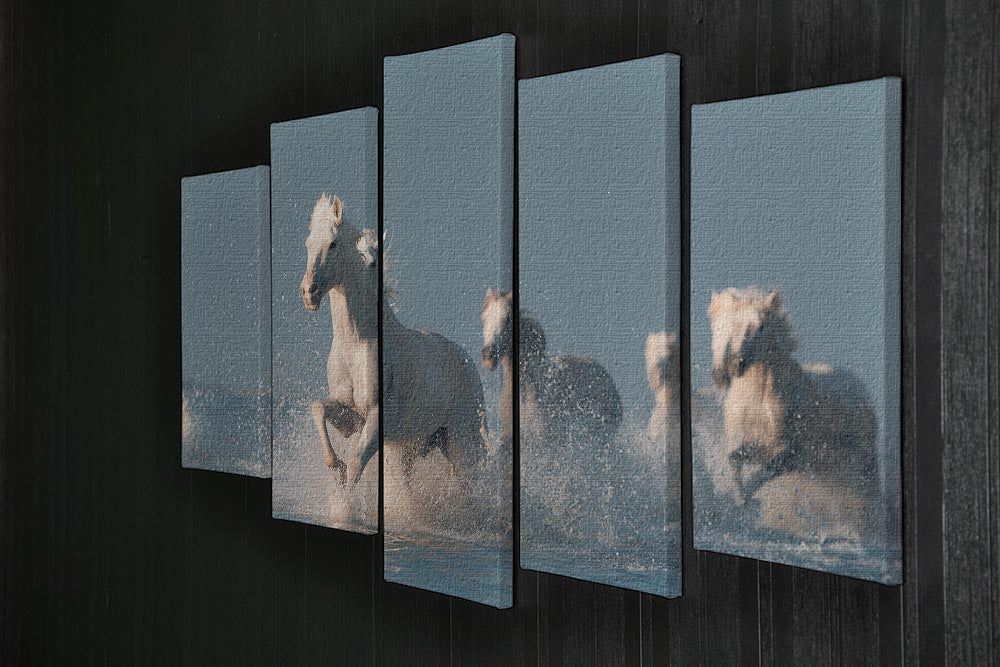 A beautiful 5-split panel canvas artwork depicting white horses running through water, creating a dynamic and serene scene.