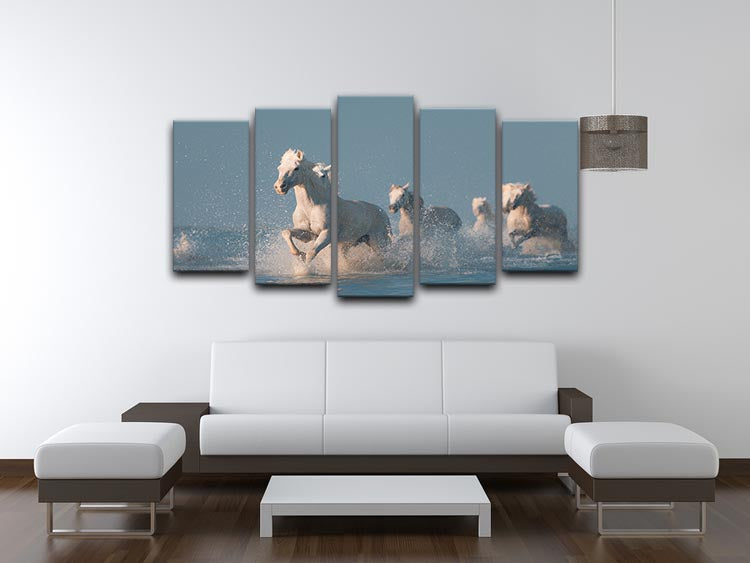 A beautiful 5-split panel canvas artwork depicting white horses running through water, creating a dynamic and serene scene.