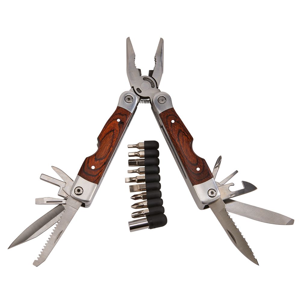 Wood Handle Stainless Steel Multi Function Tool with various tools and bits displayed in a black gift box.