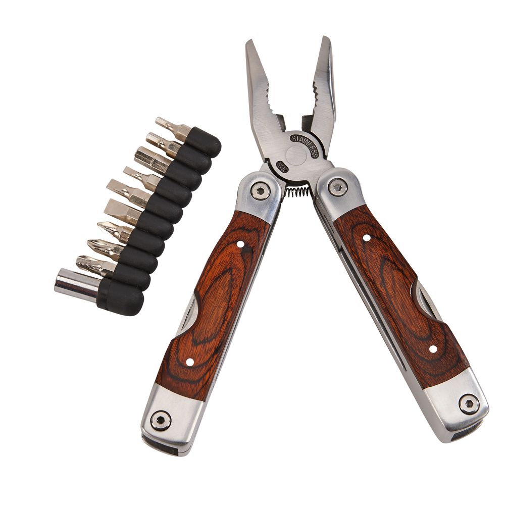 Wood Handle Stainless Steel Multi Function Tool with various tools and bits displayed in a black gift box.