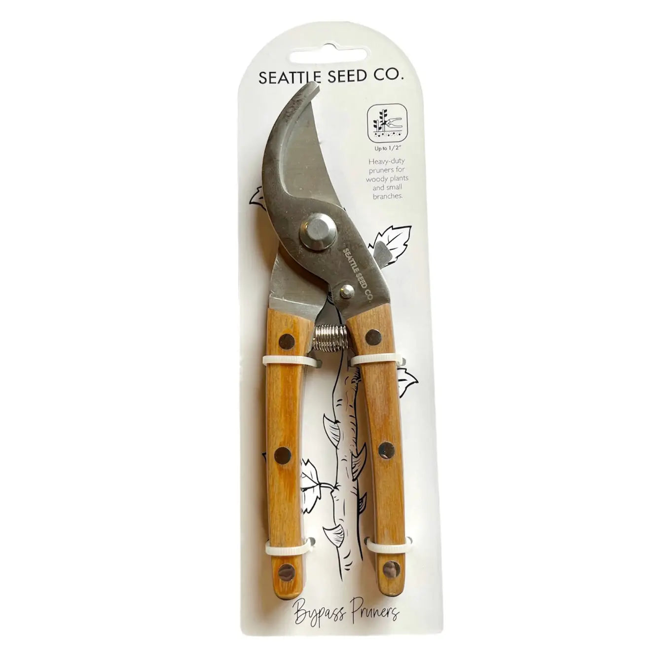 Wood handled spring-loaded bypass pruners with stainless steel blades, ideal for pruning branches and stems in the garden.