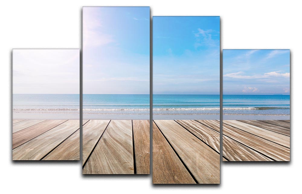 A beautiful 4-split canvas artwork depicting a wood terrace on the beach with sunlight, creating a serene coastal atmosphere.