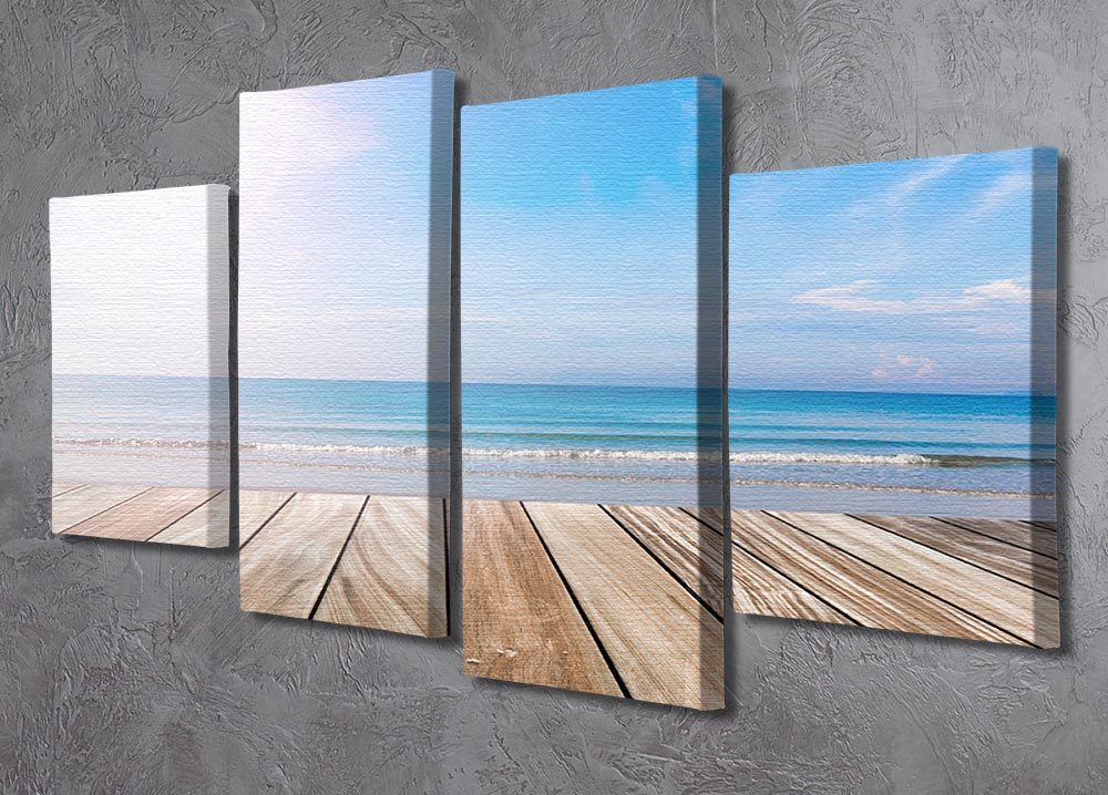 A beautiful 4-split canvas artwork depicting a wood terrace on the beach with sunlight, creating a serene coastal atmosphere.
