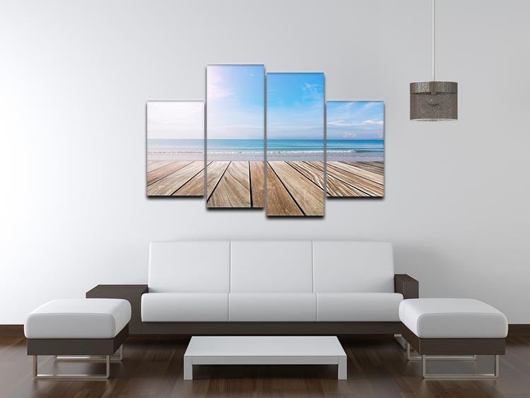 A beautiful 4-split canvas artwork depicting a wood terrace on the beach with sunlight, creating a serene coastal atmosphere.