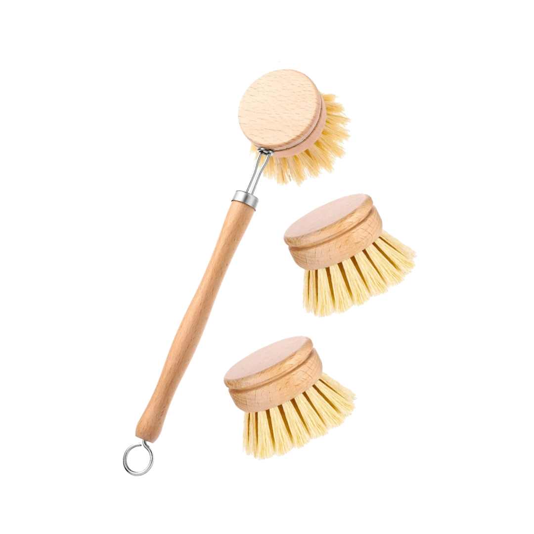 A sustainable wooden dish brush with a bamboo handle and sisal bristles, featuring two replacement brush heads for eco-friendly cleaning.