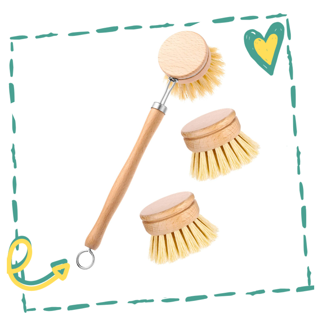A sustainable wooden dish brush with a bamboo handle and sisal bristles, featuring two replacement brush heads for eco-friendly cleaning.