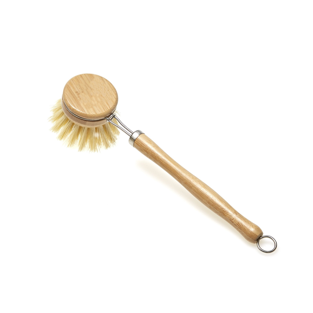 A sustainable wooden dish brush with a bamboo handle and sisal bristles, featuring two replacement brush heads for eco-friendly cleaning.