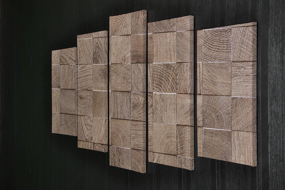 A beautifully crafted 5 split panel canvas artwork featuring a wooden background with intricate embossed details, perfect for home decor.