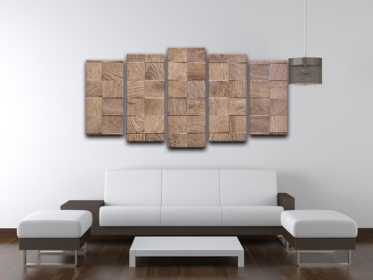 A beautifully crafted 5 split panel canvas artwork featuring a wooden background with intricate embossed details, perfect for home decor.