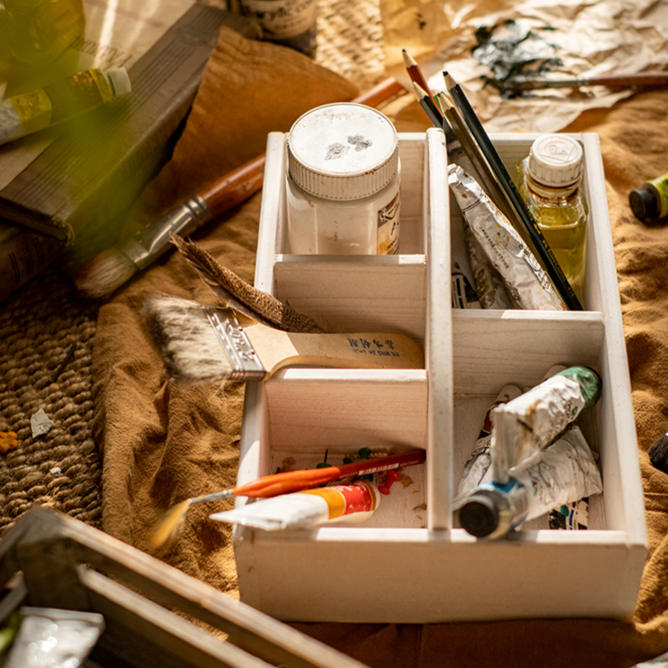 Wooden Desktop Organizer Succulent Planter with natural finish, featuring compartments for office supplies and space for succulent plants.