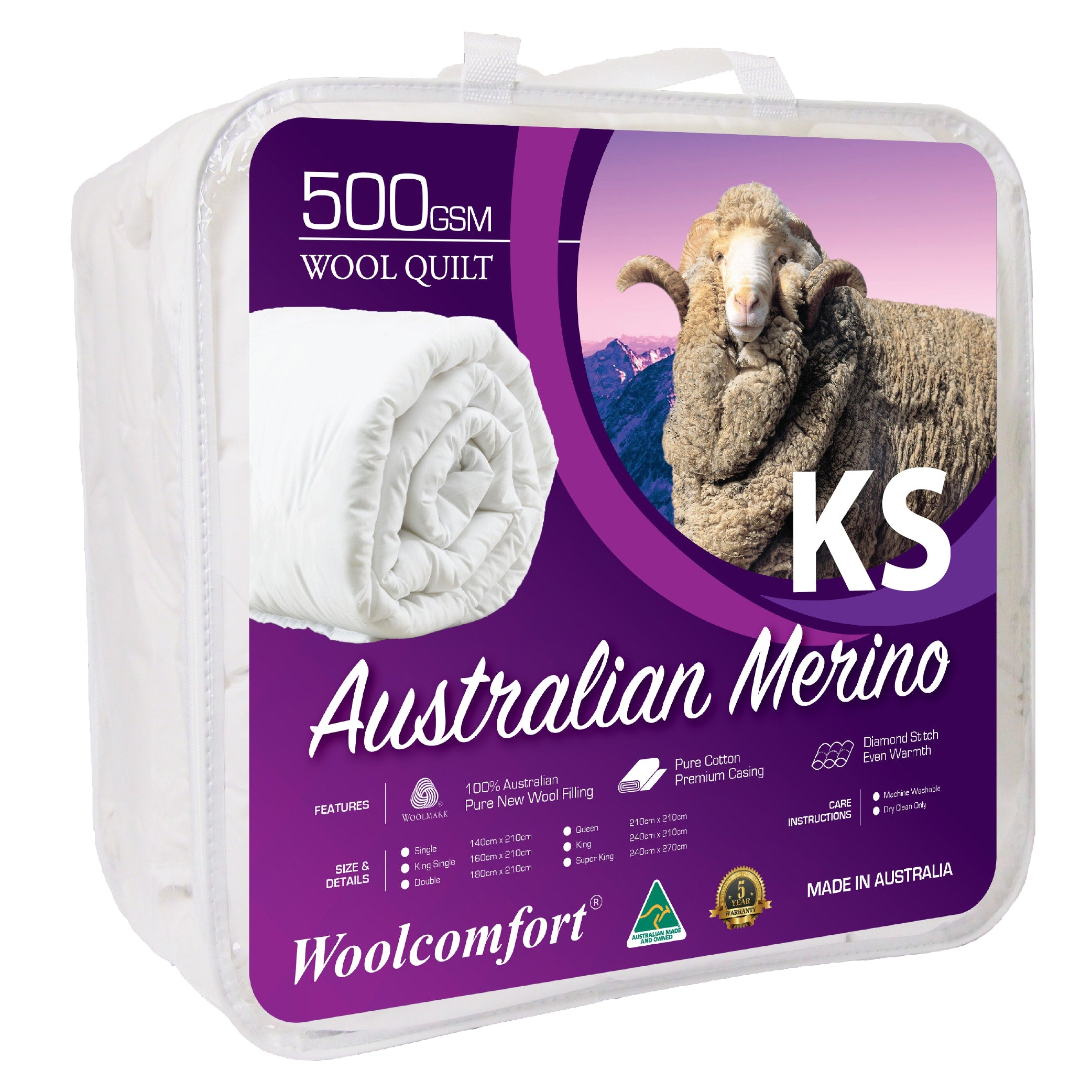 Woolcomfort Aus Made Merino Wool Quilt in King Single size, showcasing its soft cotton casing and diamond stitch design.