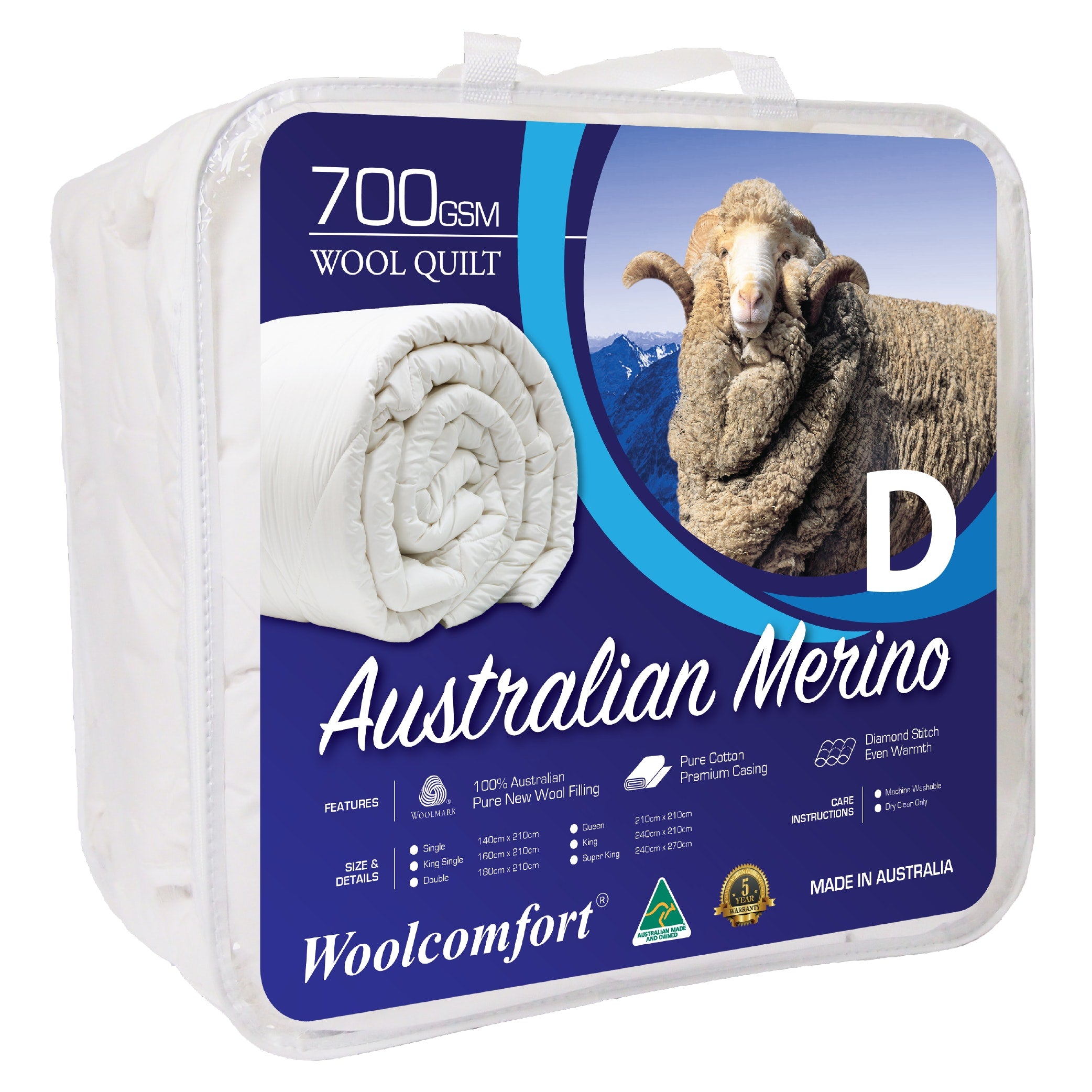 Woolcomfort Aus Made Merino Wool Quilt, 700GSM, double size, showcasing its soft texture and diamond stitch design.