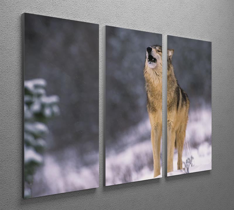 A captivating 3-panel canvas print featuring a wolf howling in a snowy landscape, perfect for home decor.