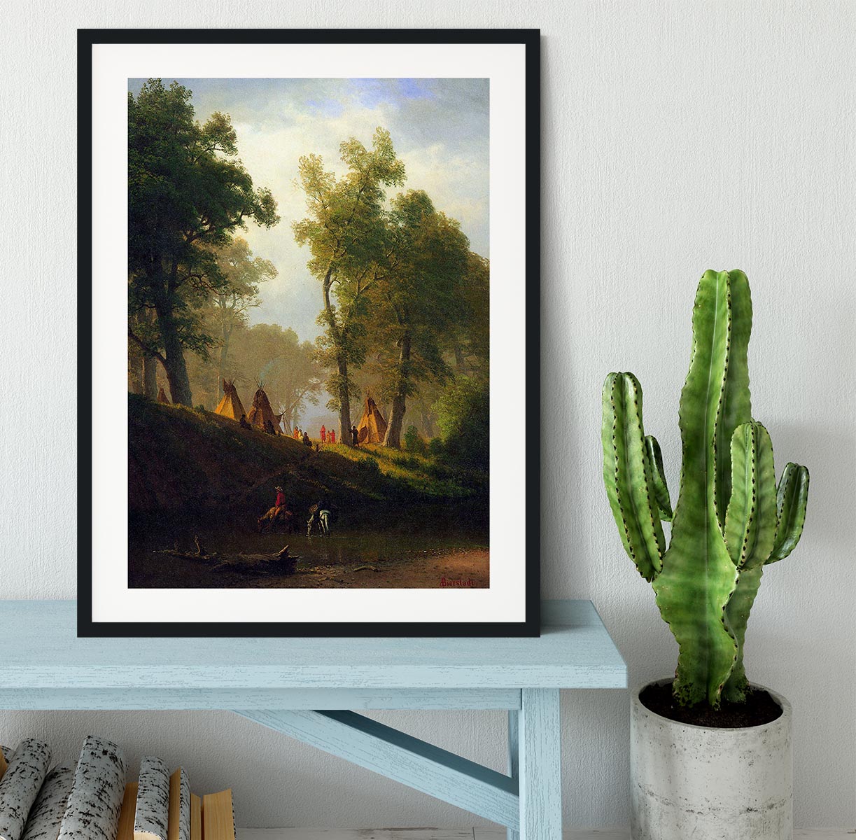 Wolf River Kansas framed print by Bierstadt, showcasing vibrant landscape art in a handmade frame.
