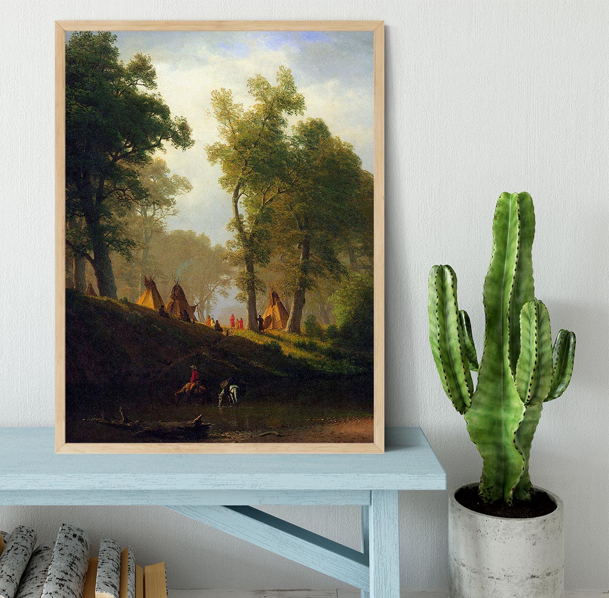 Wolf River Kansas framed print by Bierstadt, showcasing vibrant landscape art in a handmade frame.