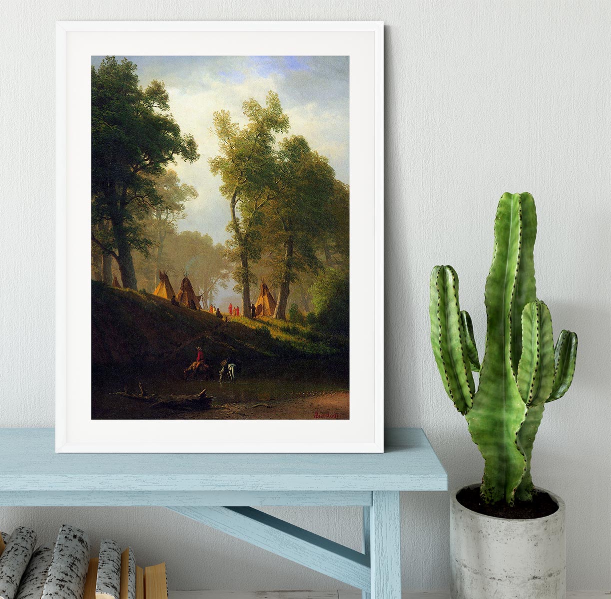 Wolf River Kansas framed print by Bierstadt, showcasing vibrant landscape art in a handmade frame.