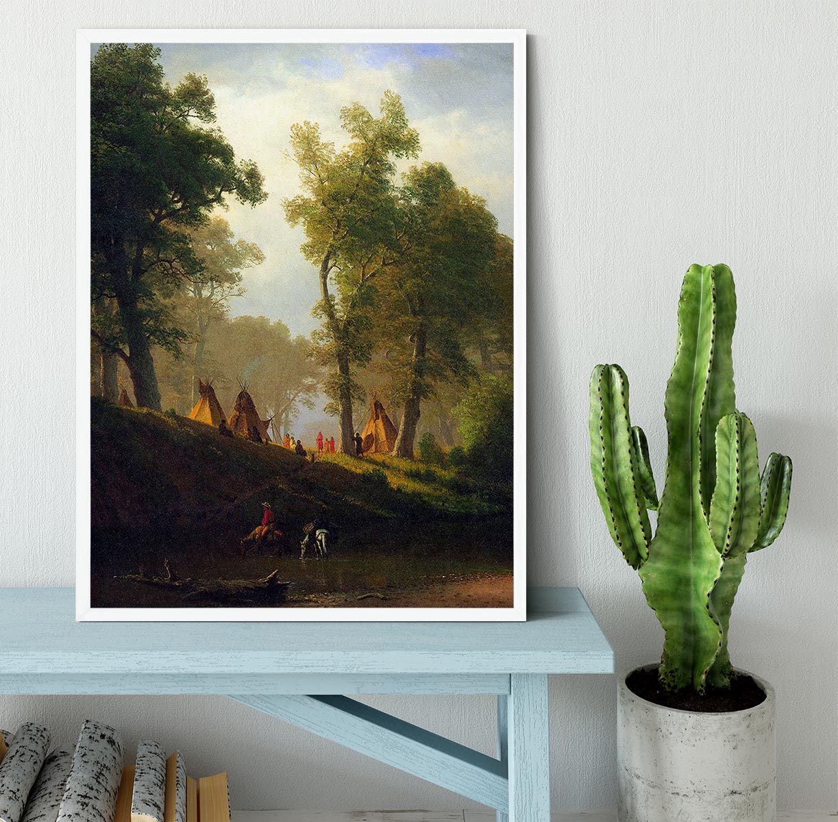 Wolf River Kansas framed print by Bierstadt, showcasing vibrant landscape art in a handmade frame.