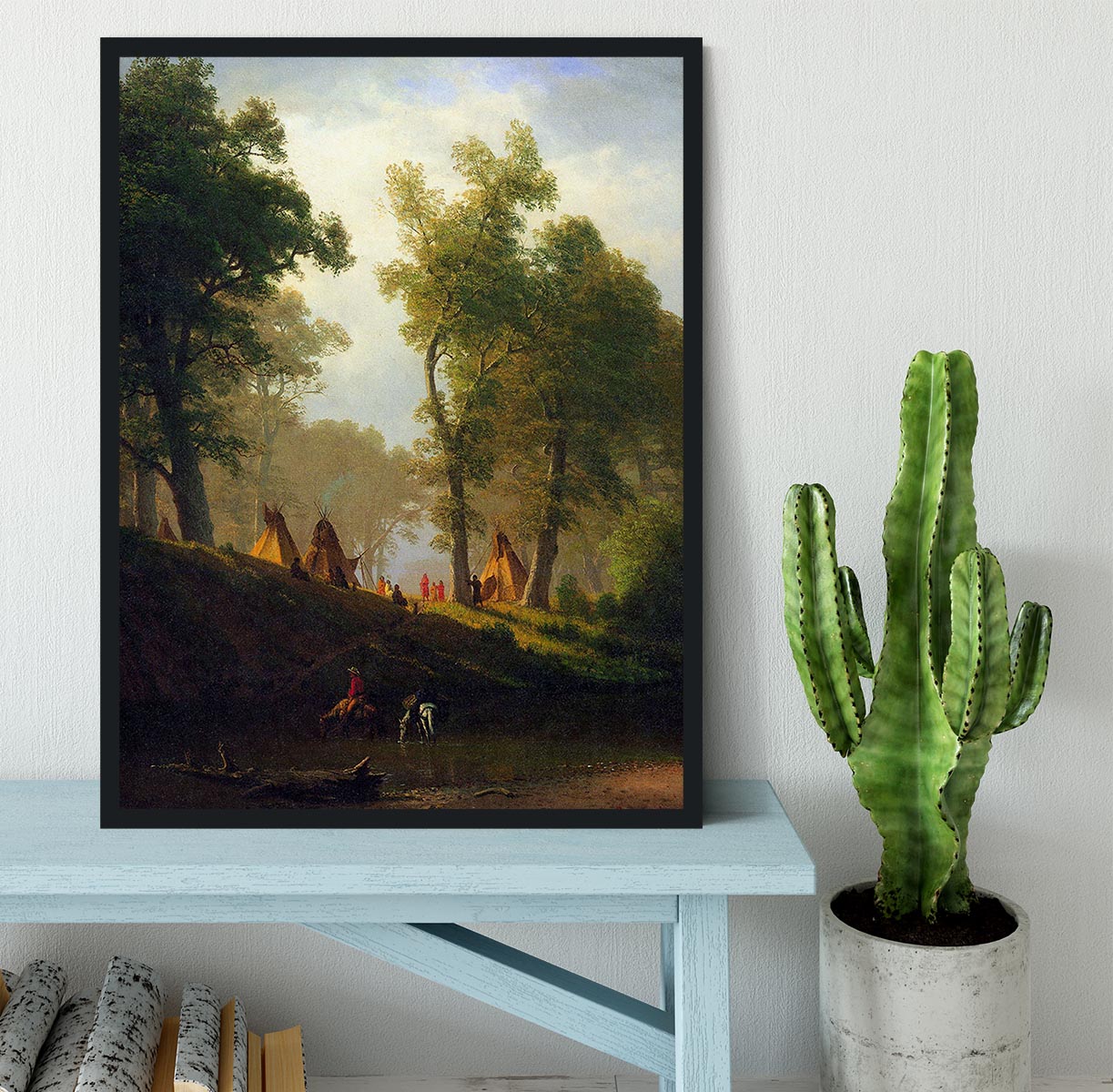 Wolf River Kansas framed print by Bierstadt, showcasing vibrant landscape art in a handmade frame.