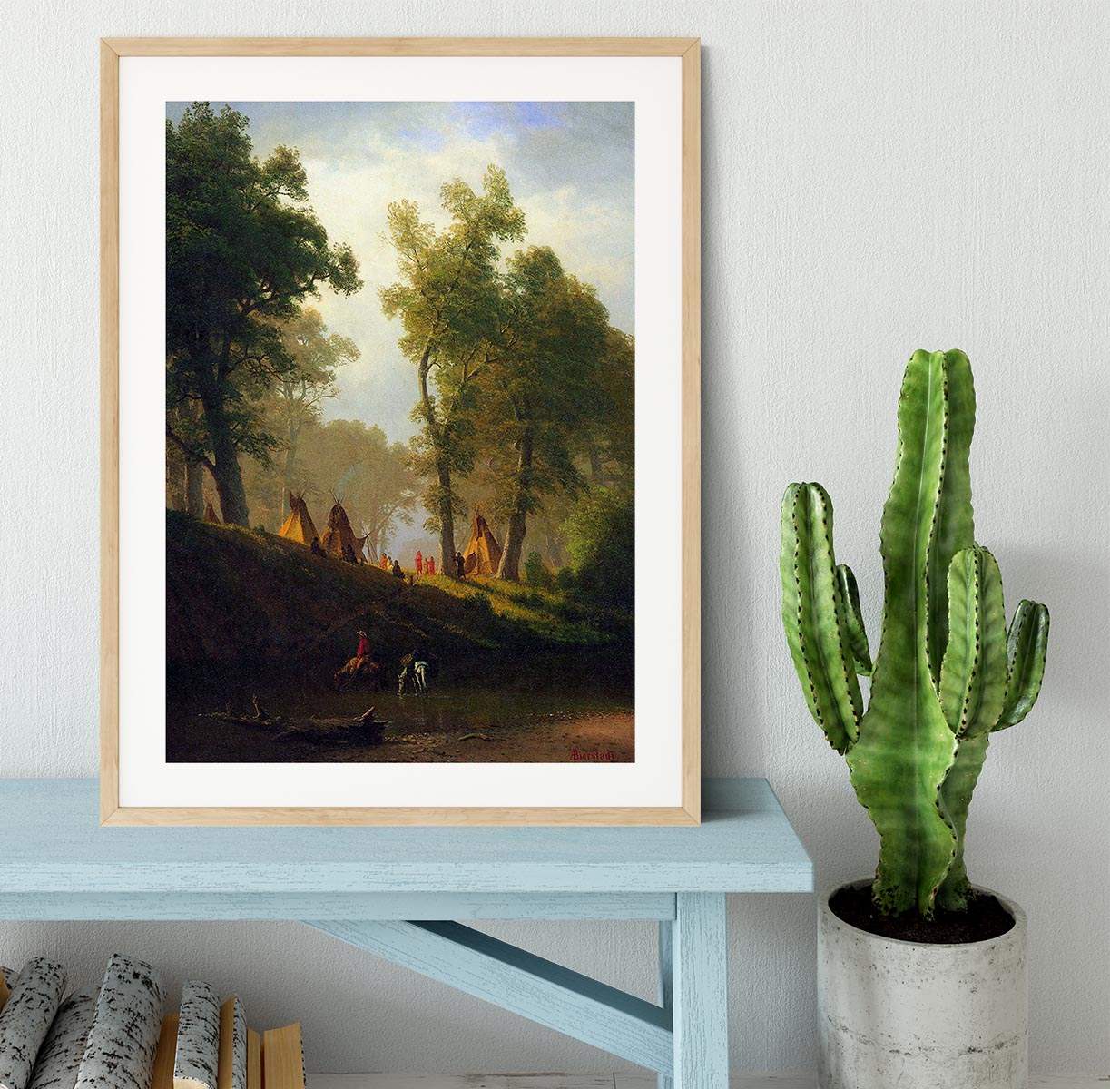 Wolf River Kansas framed print by Bierstadt, showcasing vibrant landscape art in a handmade frame.
