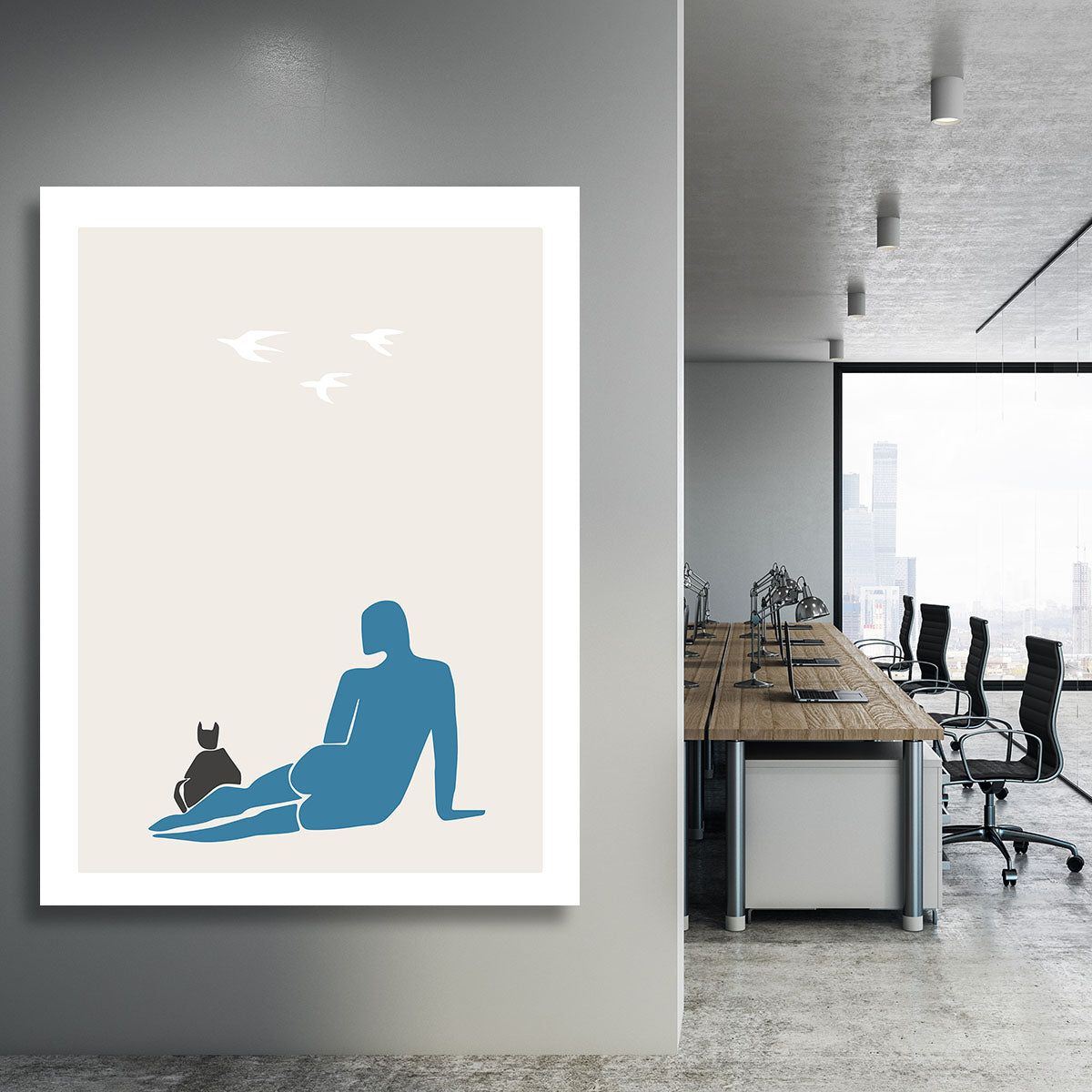 A beautiful canvas print featuring a woman and her cat, showcasing elegance and charm in home decor.