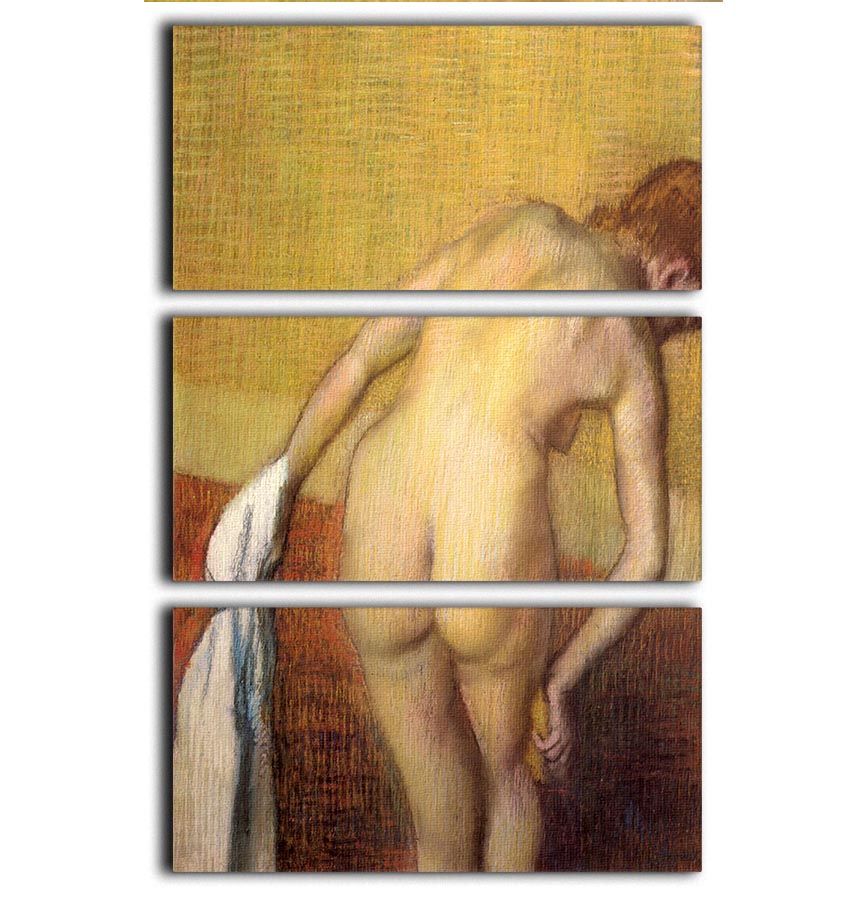 Three-panel canvas print of Degas's Woman Drying with Towel and Sponge, showcasing elegant art in soft colors.