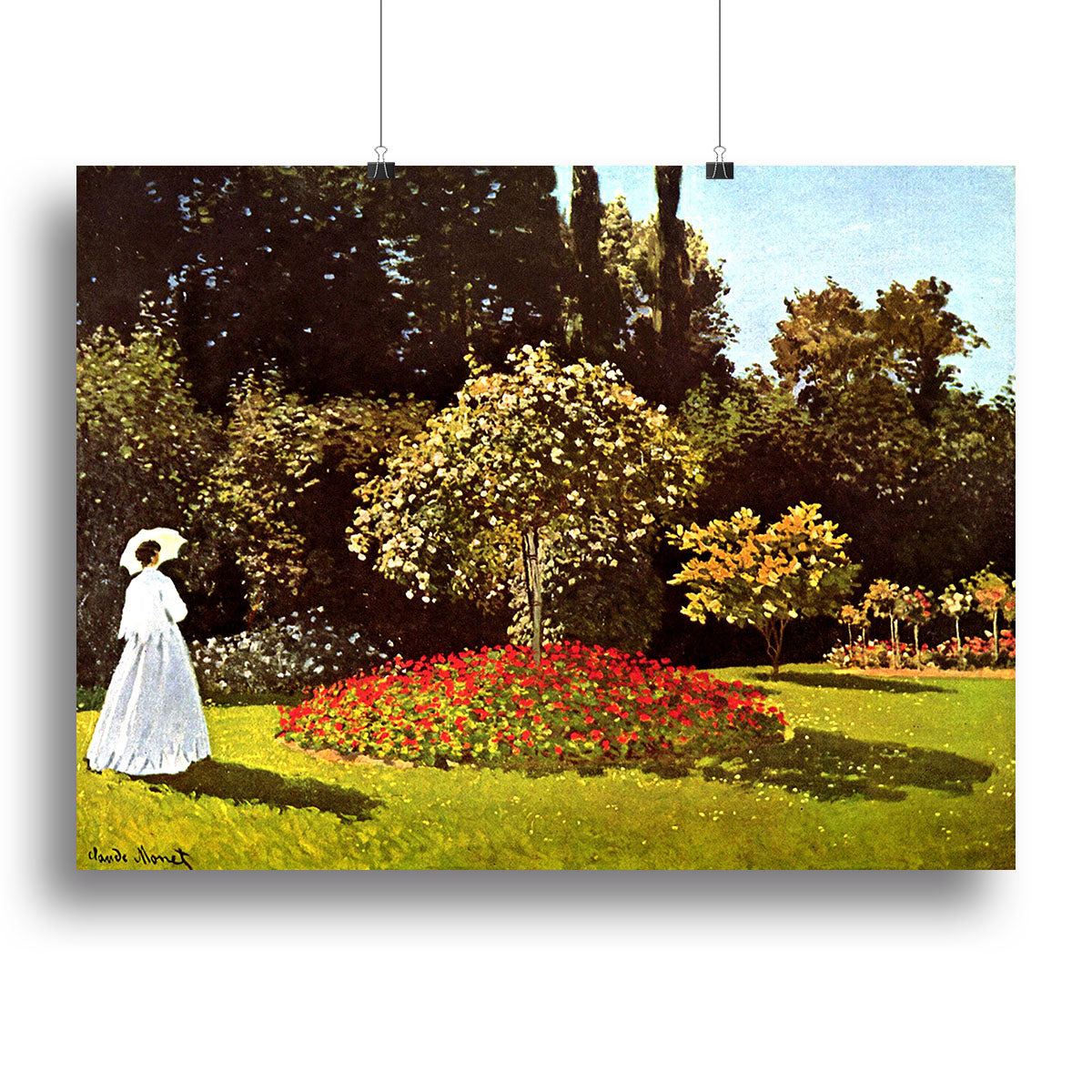 Canvas print of Woman in the Garden by Monet, featuring a woman in a white dress surrounded by colorful flowers in a lush garden.