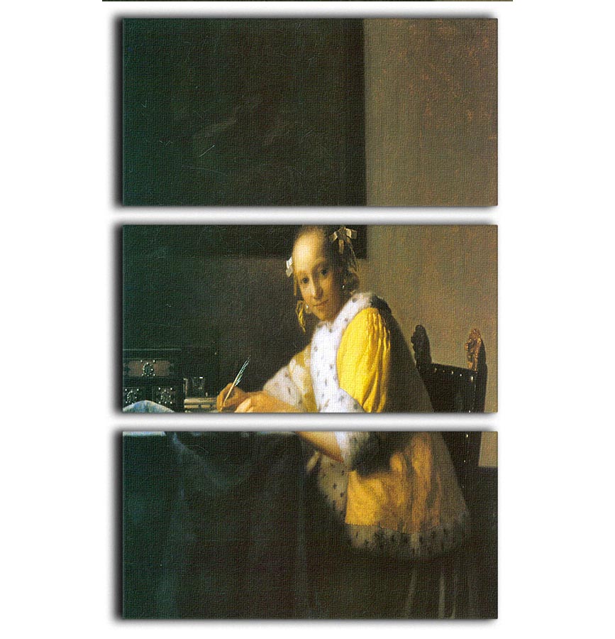 Three-panel canvas print of Vermeer's Woman in Yellow, showcasing vibrant colors and intricate details.