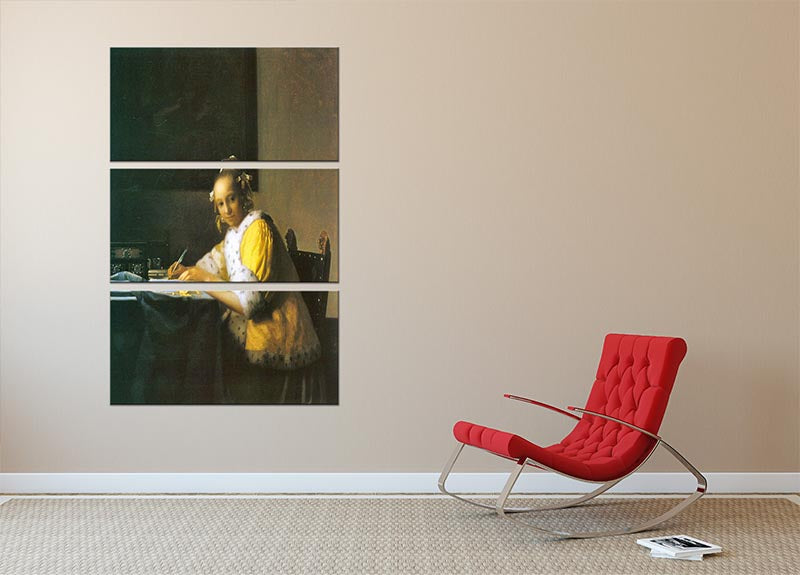 Three-panel canvas print of Vermeer's Woman in Yellow, showcasing vibrant colors and intricate details.