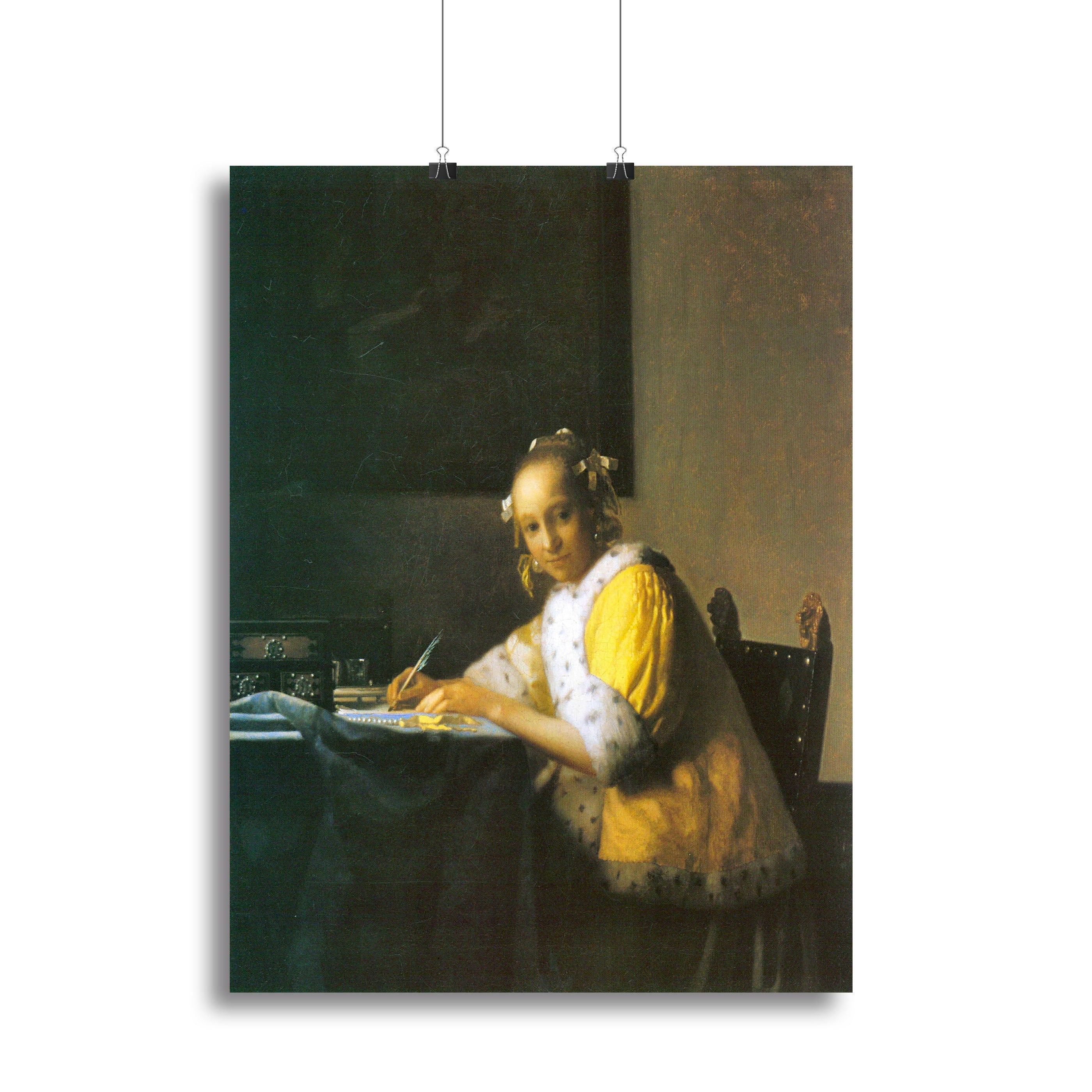 Canvas print of Vermeer's 'Woman in Yellow', showcasing a woman in a yellow gown with intricate details and vibrant colors.