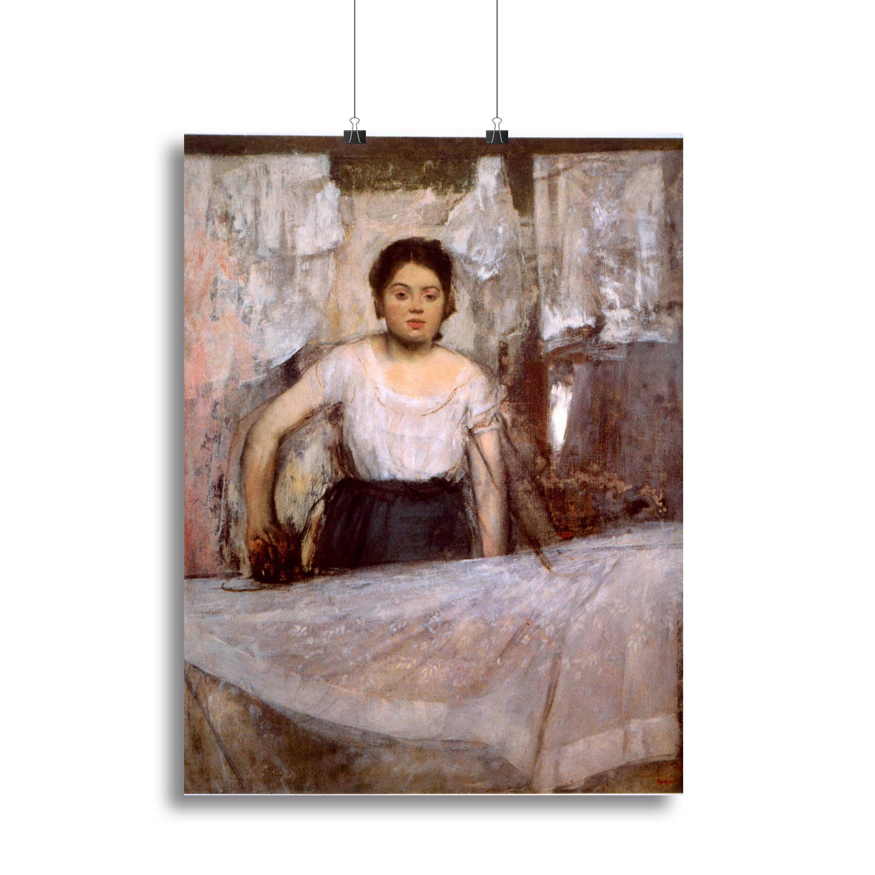 Canvas print of Woman Ironing by Degas, showcasing a woman engaged in ironing, with vibrant colors and intricate details.