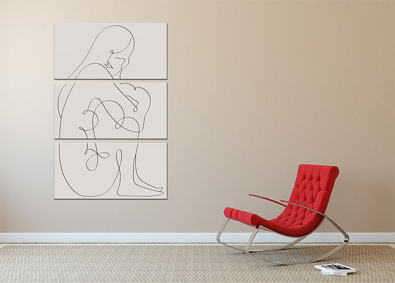Three-panel canvas print featuring elegant black line art of a woman, perfect for modern decor.