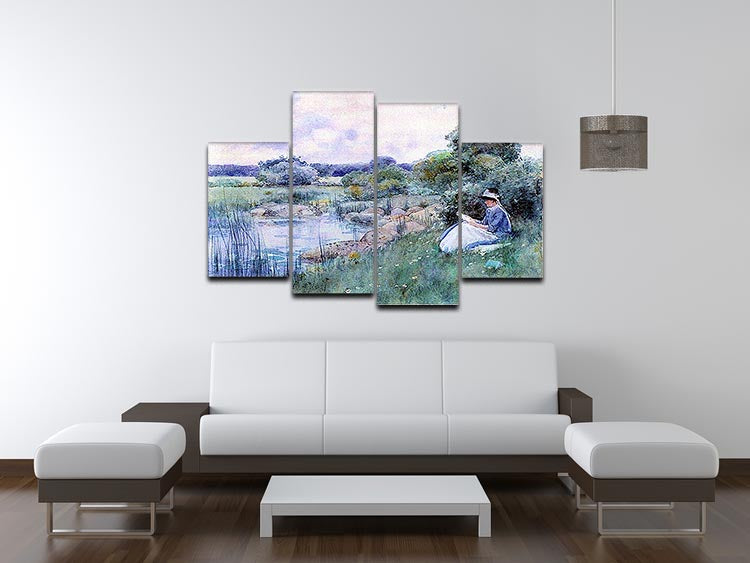 A beautiful 4-split canvas artwork featuring a woman reading, showcasing serene colors and intricate details.