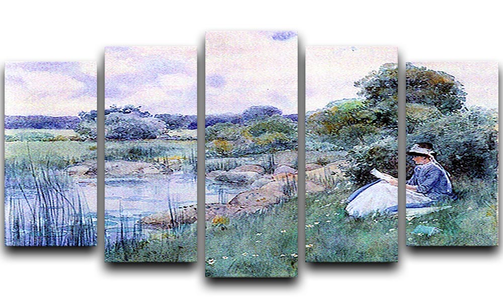 A beautiful 5-split canvas artwork depicting a woman reading, showcasing vibrant colors and intricate details across five panels.
