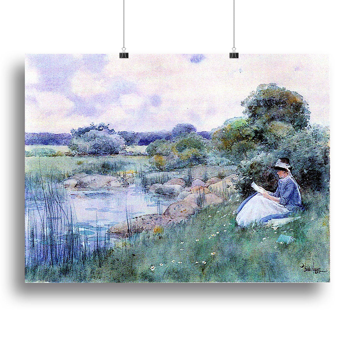 Canvas print of a woman reading, showcasing serene and elegant artwork by Hassam.