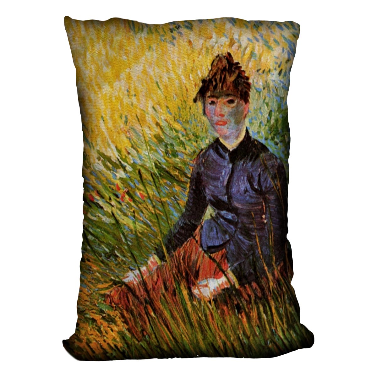 A vibrant cushion featuring Van Gogh's Woman Sitting in the Grass design, made from luxurious vegan faux suede.