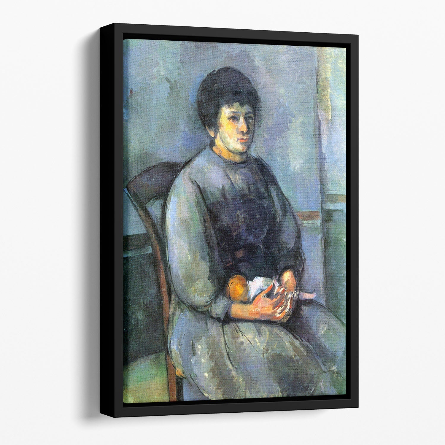 Floating framed canvas of Cezanne's Woman with Doll, showcasing vibrant colors and elegant design.