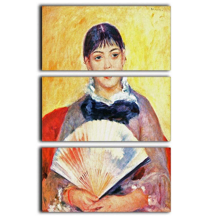 Three-panel canvas print of Renoir's Woman with Fan, showcasing vibrant colors and intricate details.