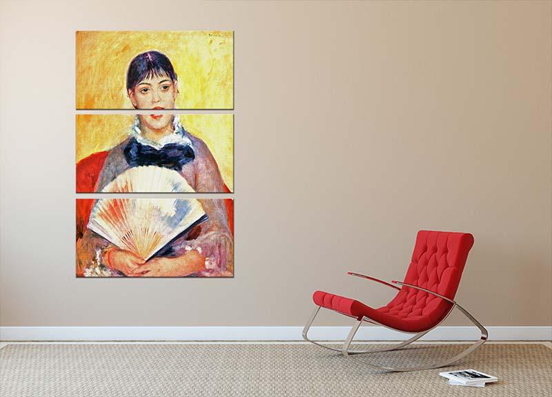 Three-panel canvas print of Renoir's Woman with Fan, showcasing vibrant colors and intricate details.