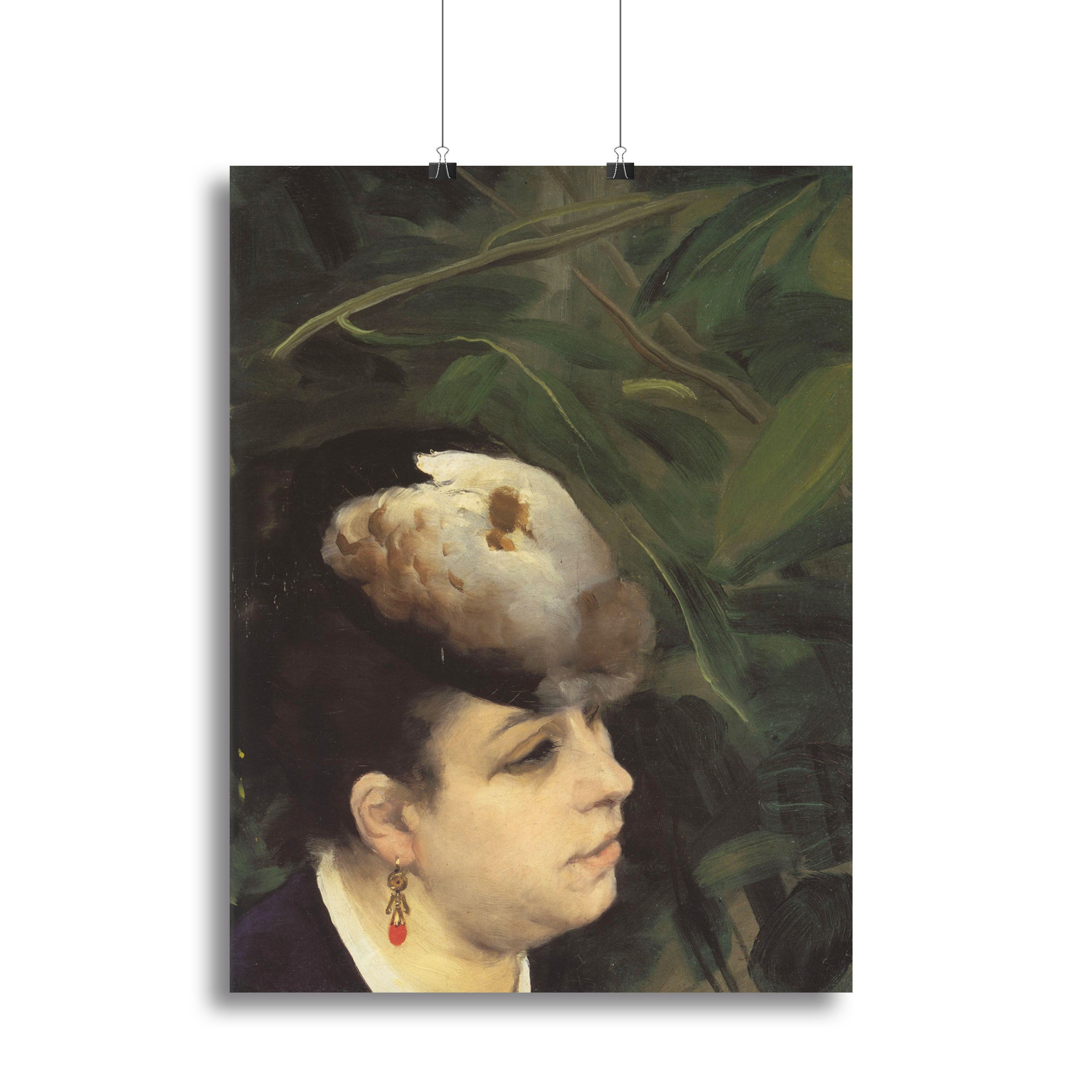 Canvas print of Renoir's Woman with Gull Feather, showcasing a serene woman with a feather in her hair, vibrant colors and intricate details.