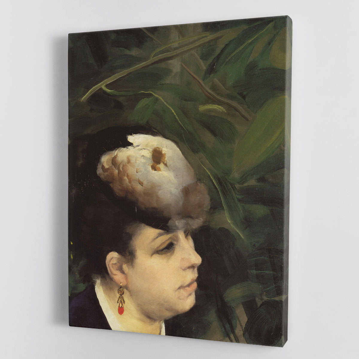 Canvas print of Renoir's Woman with Gull Feather, showcasing a serene woman with a feather in her hair, vibrant colors and intricate details.