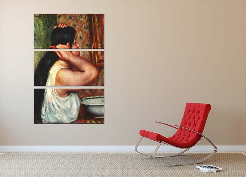 Three-panel canvas print of Renoir's Woman with Hair Combs, showcasing vibrant colors and elegant design.