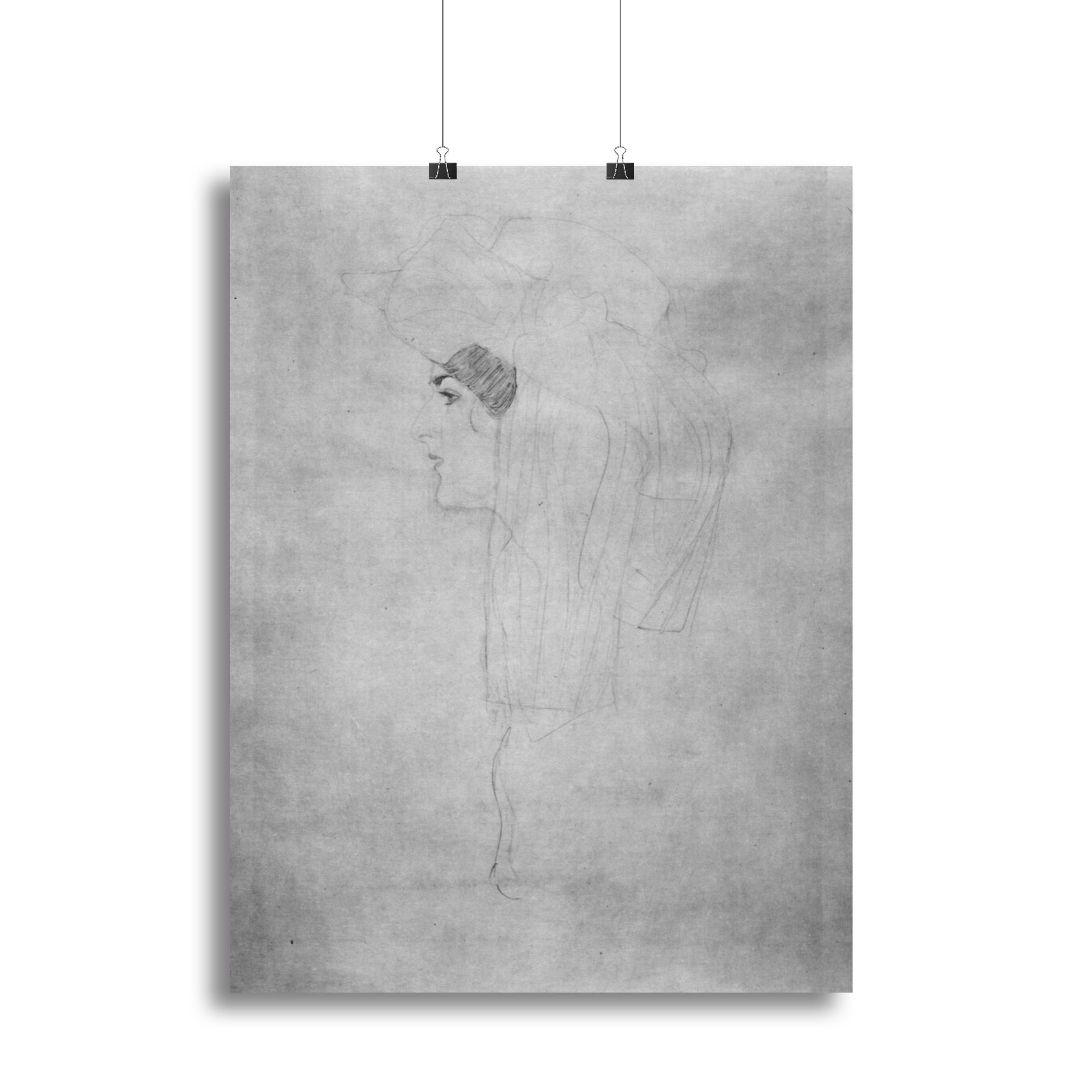 Canvas print of Gustav Klimt's Woman with Hat in Profile, showcasing elegant colors and intricate details.