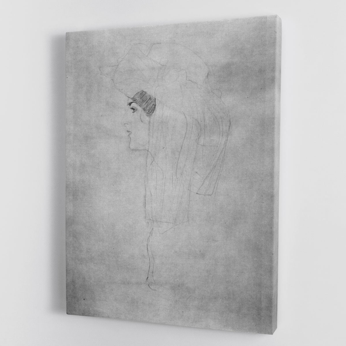 Canvas print of Gustav Klimt's Woman with Hat in Profile, showcasing elegant colors and intricate details.