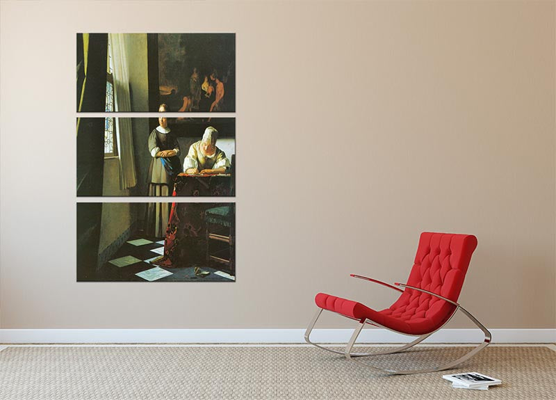 Three-panel canvas print of Vermeer's Woman with Messenger, showcasing elegant art for home decor.