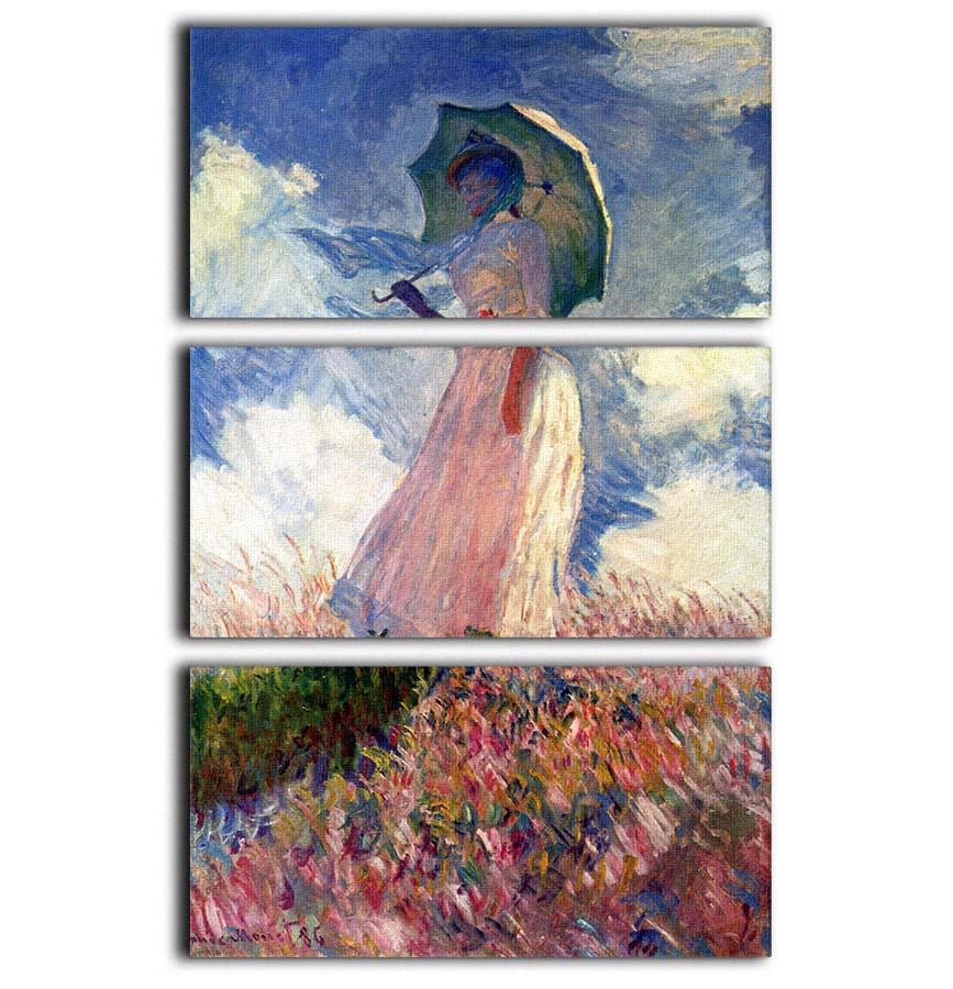 Three-panel canvas print of Monet's Woman with Parasol, showcasing vibrant colors and intricate details.